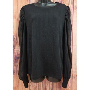 Nine West Black Ribbed Top Large With Sheer Ruched Sleeves